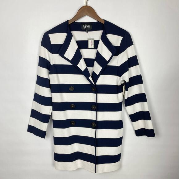 Luii | NWT Anthro Navy & White Stripe Thick Woven Knit Button Front Jacket - Picture 5 of 13